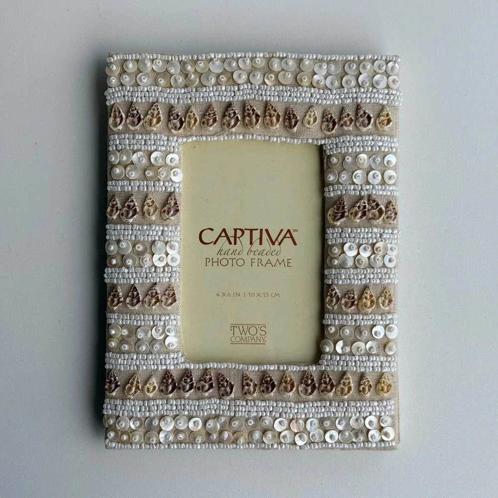Vintage Captiva Photo Frame‎ 4x6 Cream Boho Chic Whimsy Shell Beaded Linen Beach